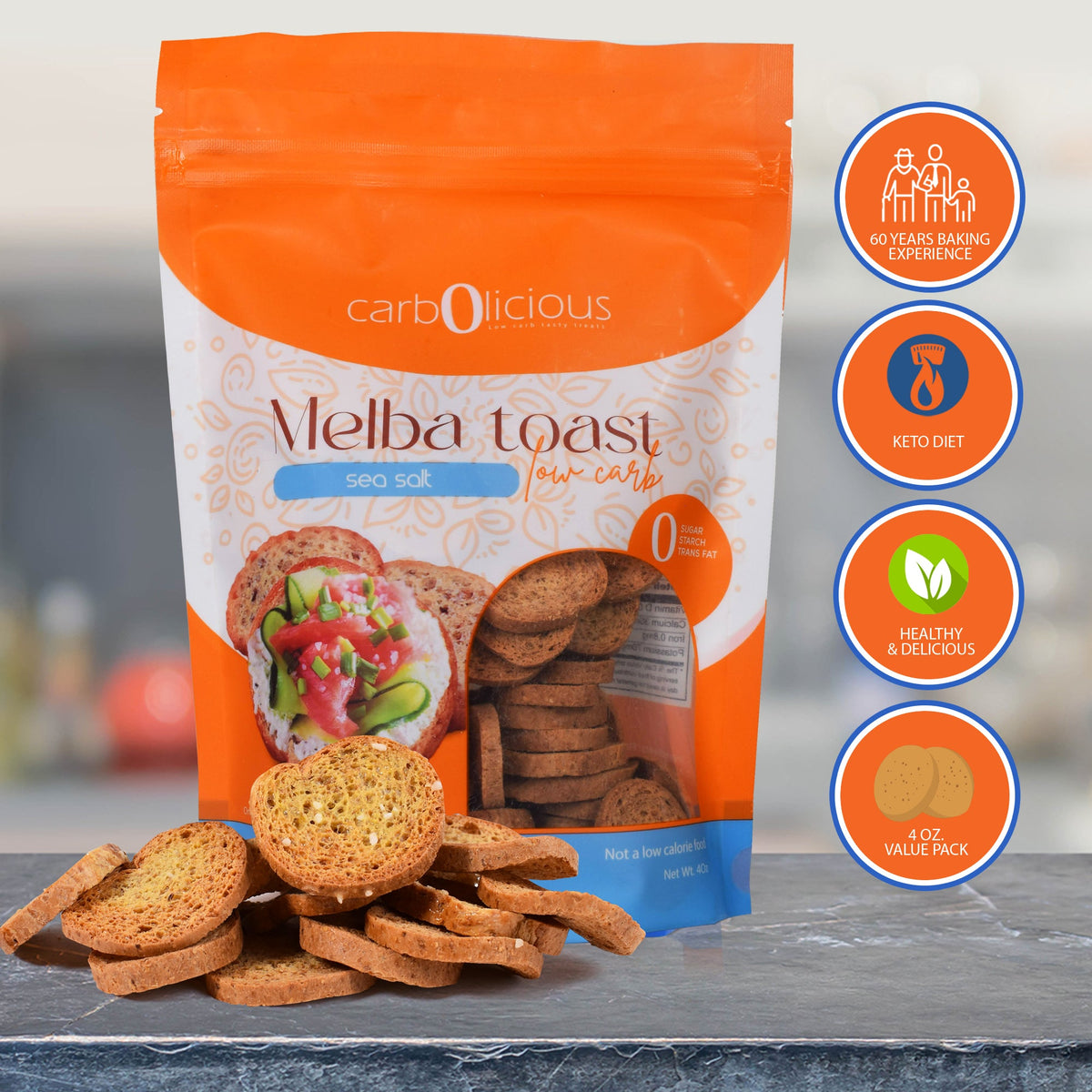 Carbolicious Carbolicious Melba Toast Low-Carb Sugar Free (Sea Salt), 4oz - 1 Pack. Only 1 Carb for 8 Slices!