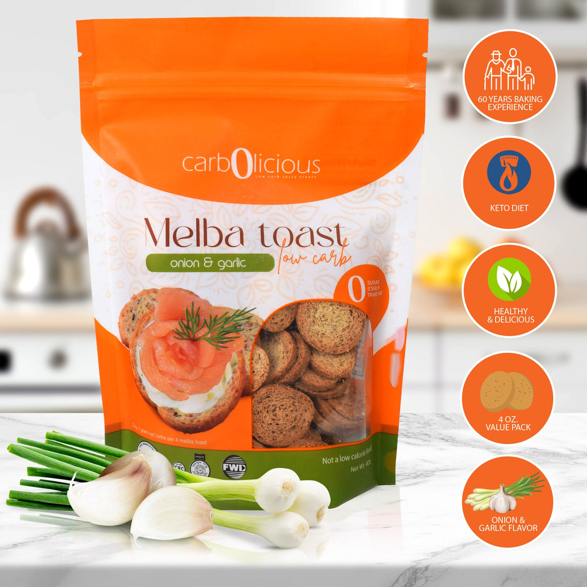 Carbolicious Melba Toast Low-Carb Sugar Free (ONION & GARLIC) 4oz 1g net carbs per 8 Slices