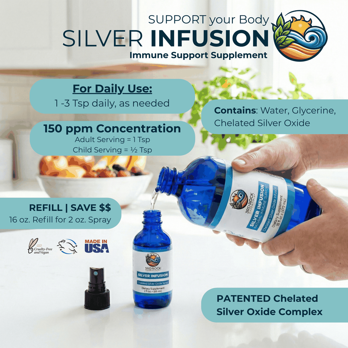 3rd Rock Essentials 3rd Rock Essentials Silver Infusion – 150 PPM Chelated Silver Oxide Complex Supplement– 16 fl oz