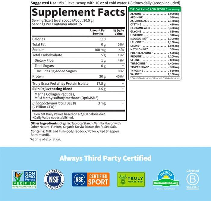 Sport Grass Fed Whey+ Skin Protein (457.5 G) Powder Vanilla