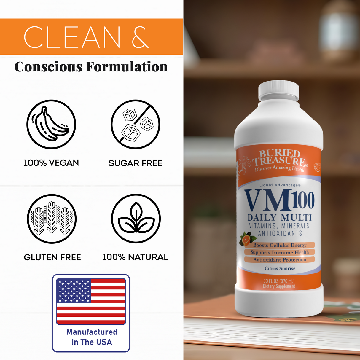 VM100 Liquid Multivitamin and Multimineral Daily Supplement - 100+ Nutrients with Vitamins, Minerals, Antioxidants, and Superfoods - 32 oz