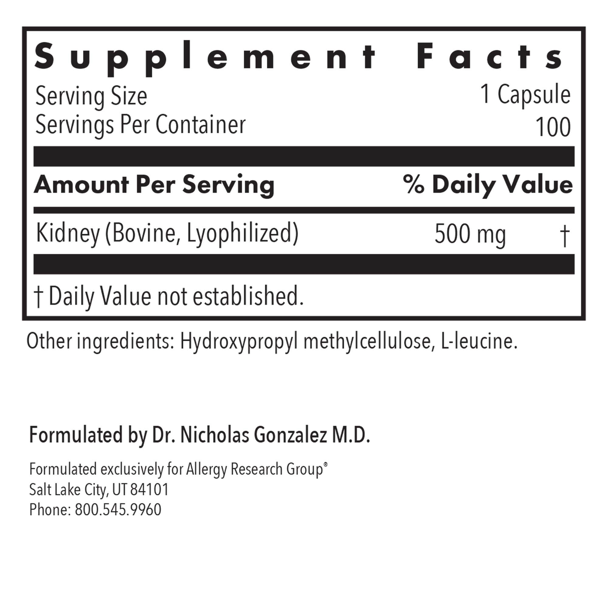 Kidney Beef Natural Glandular 100Veggie Caps