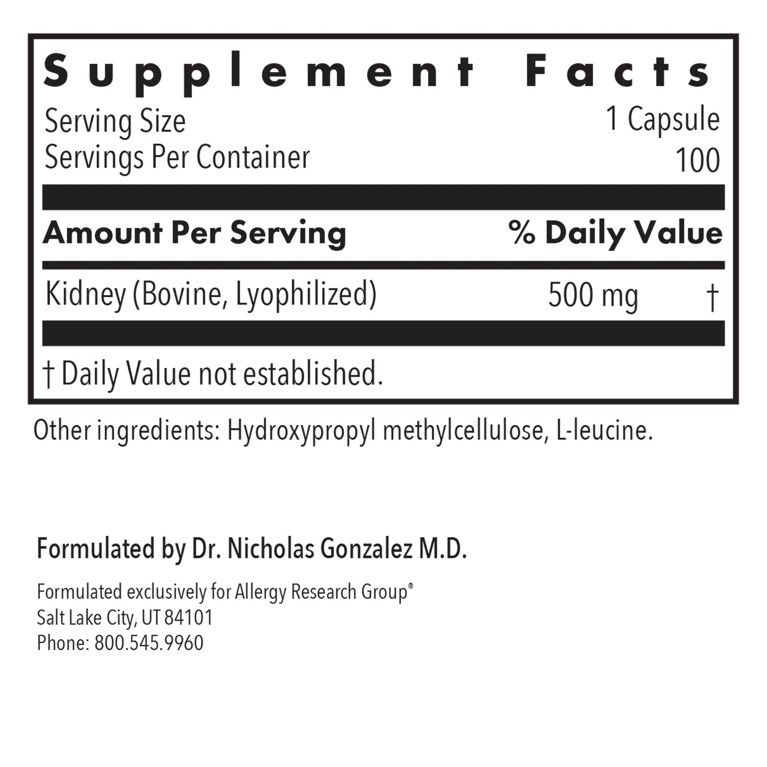 Kidney Beef Natural Glandular 100Veggie Caps