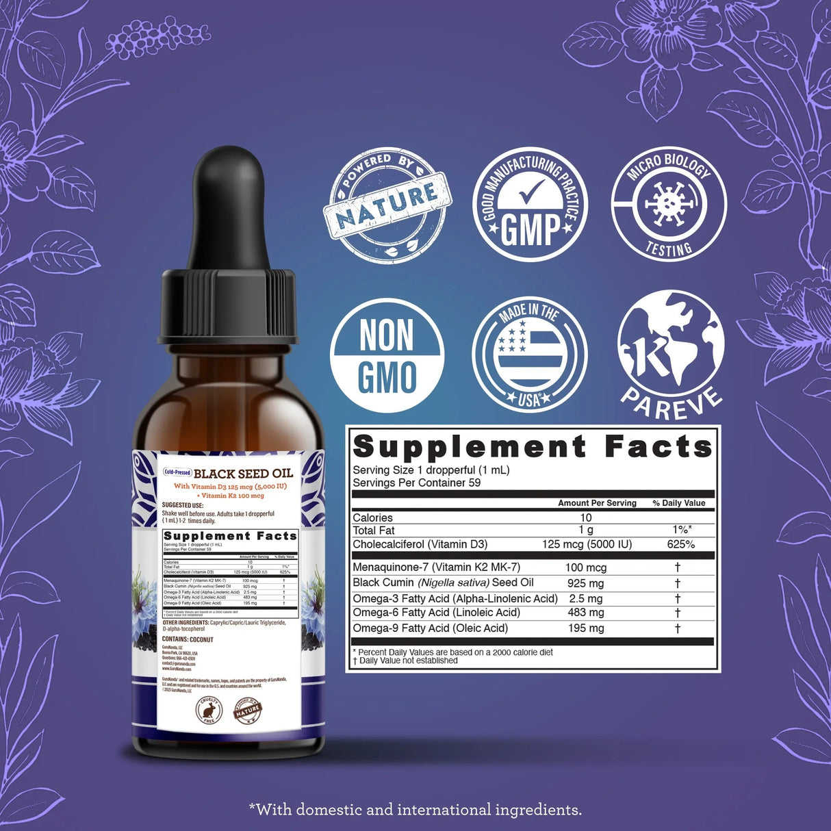 Natural Cold Pressed Black Seed Oil With Vitamin D3, K2, & E