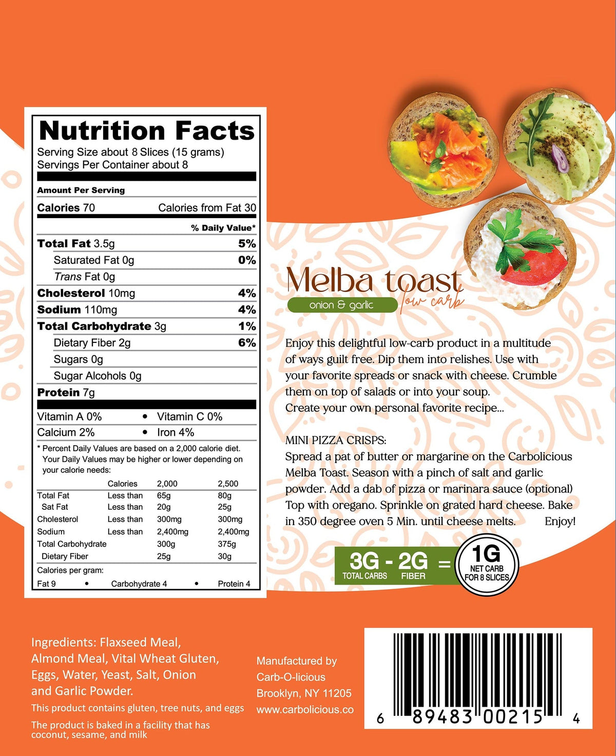 Carbolicious Melba Toast Low-Carb Sugar Free (ONION & GARLIC) 4oz 1g net carbs per 8 Slices