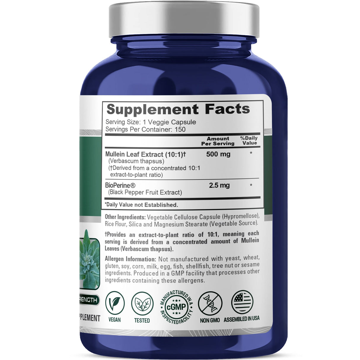 NusaPure Mullein Leaf Capsules 10:1 Extract, 500 mg per Veggie Caps - 150 Count - Verbascum Thapsus (Non-GMO, Vegan) Dietary Supplement