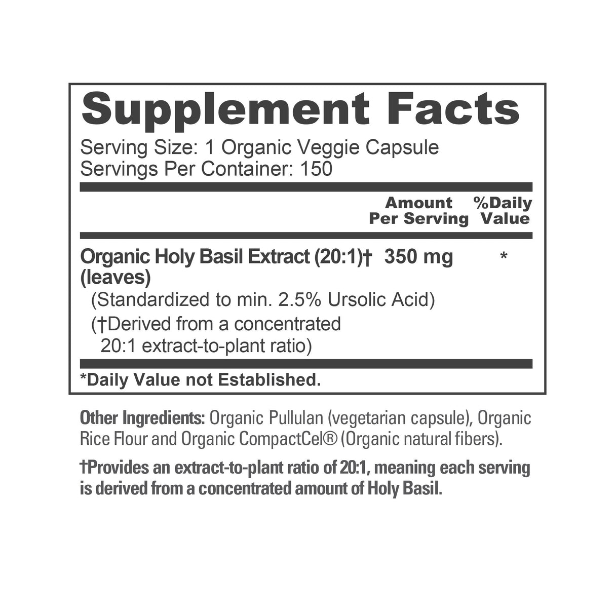 NusaPure USDA Organic Holy Basil Capsules 20:1 Extract, 350 mg 150 Vegan Caps Tulsi Holy Basil Leaf Extract 2.5% Ursolic Acid Non-GMO