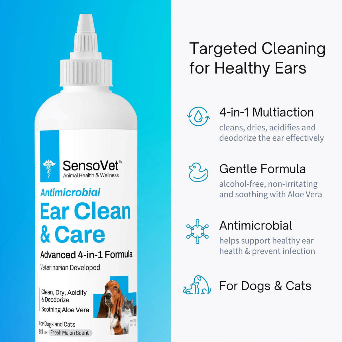 SensoVet Antimicrobial Ear Clean & Care Solution for Dogs & Cats - 8oz