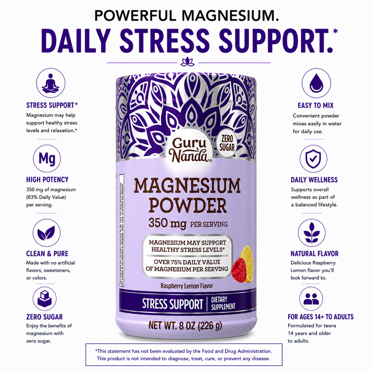 Magnesium Powder, Raspberry Lemon – 8 oz