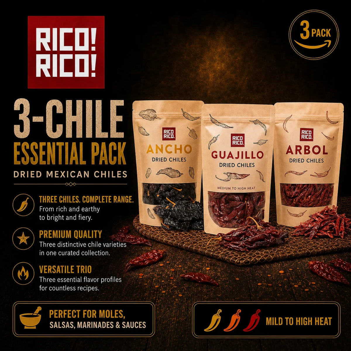 Dried Mexican Chiles 3-Pack โ Ancho, Guajillo & Arbol Peppers