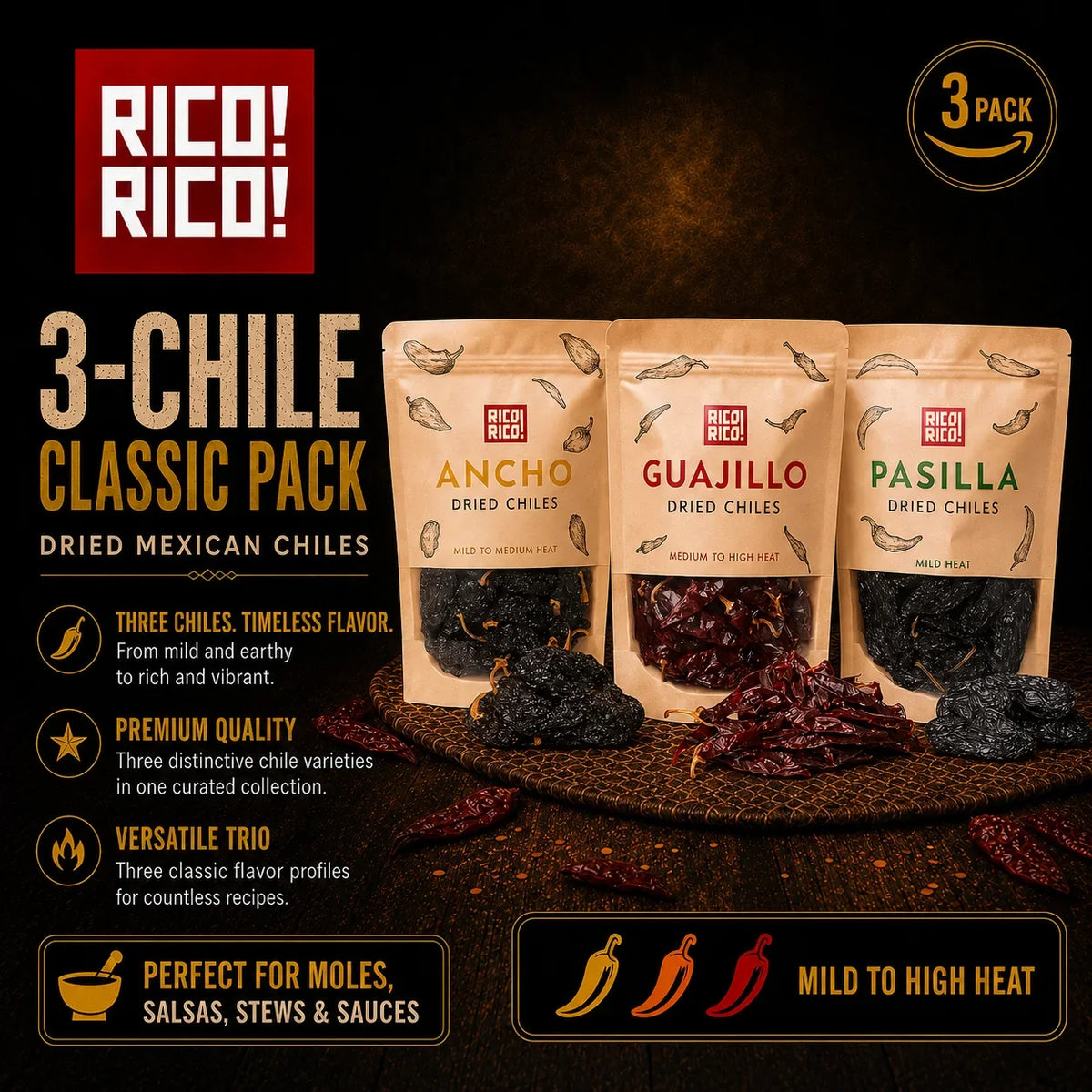 Dried Mexican Chiles 3-Pack โ Ancho, Guajillo & Pasilla