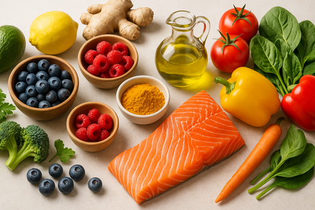 Anti-inflammatory eating ingredients arranged in a premium editorial style