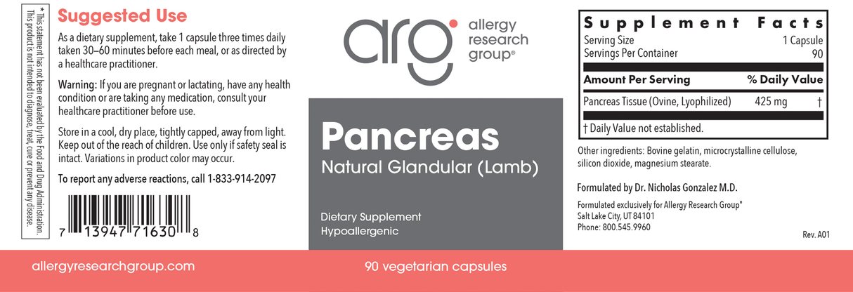 Pancreas Natural Glandular Lamb 425 MG 90Veggie Caps