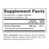 NusaPure Choline Bitartrate - Suitable for Vegetarian/Vegan, Non - GMO - 650 mg 200 Capsules