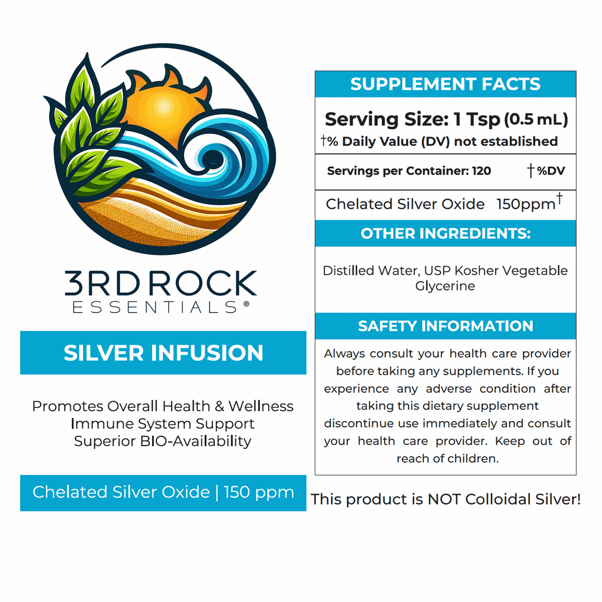 3rd Rock Essentials 3rd Rock Essentials Silver Infusion – 150 PPM Chelated Silver Oxide Complex Supplement– 16 fl oz