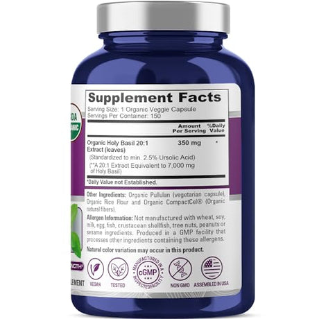 NusaPure USDA Organic Holy Basil Capsules 20:1 Extract, 350 mg 150 Vegan Caps Tulsi Holy Basil Leaf Extract 2.5% Ursolic Acid Non-GMO