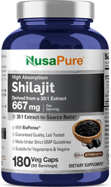 NusaPure Shilajit 667mg per Serving, 180 Veggie Caps, Non-GMO, Gluten Free, Bioperine