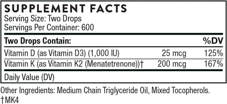 Vitamin D + K2 Liquid 500 Iu 1 Oz.