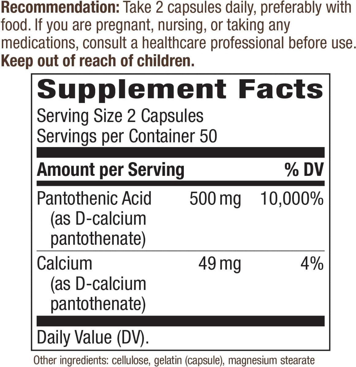 Pantothenic Acid 250 MG 100 Capsules