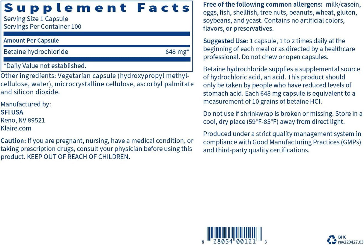 Betaine HCl 648 MG 100 Veggie Caps