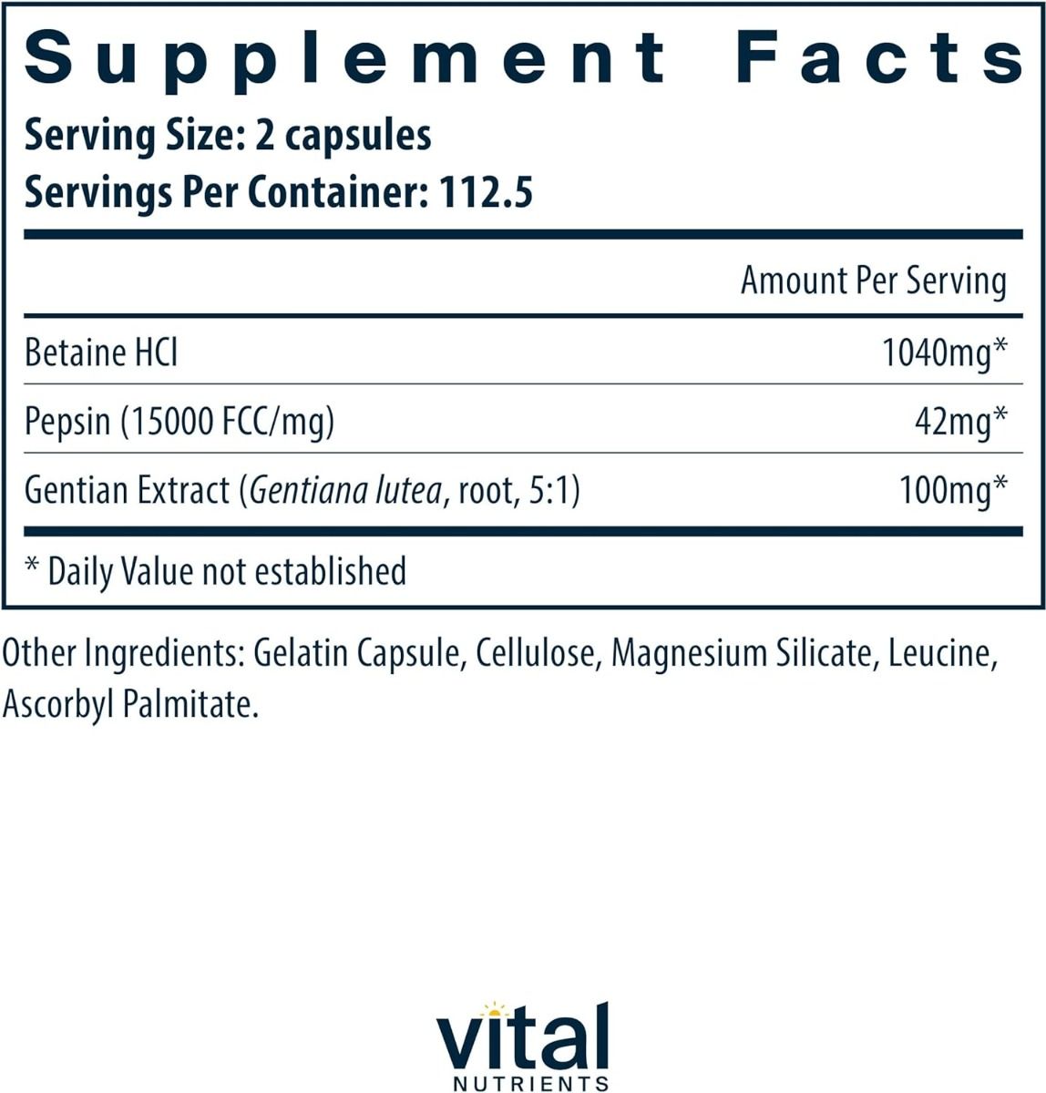 Betaine HCL Pepsin & Gentian Root Extract 225 Capsules