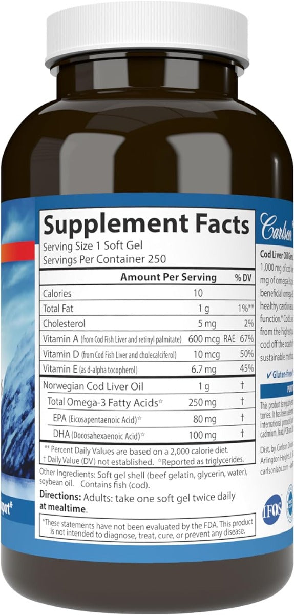 Cod Liver Oil Gems Super 1000 MG 250 Softgels