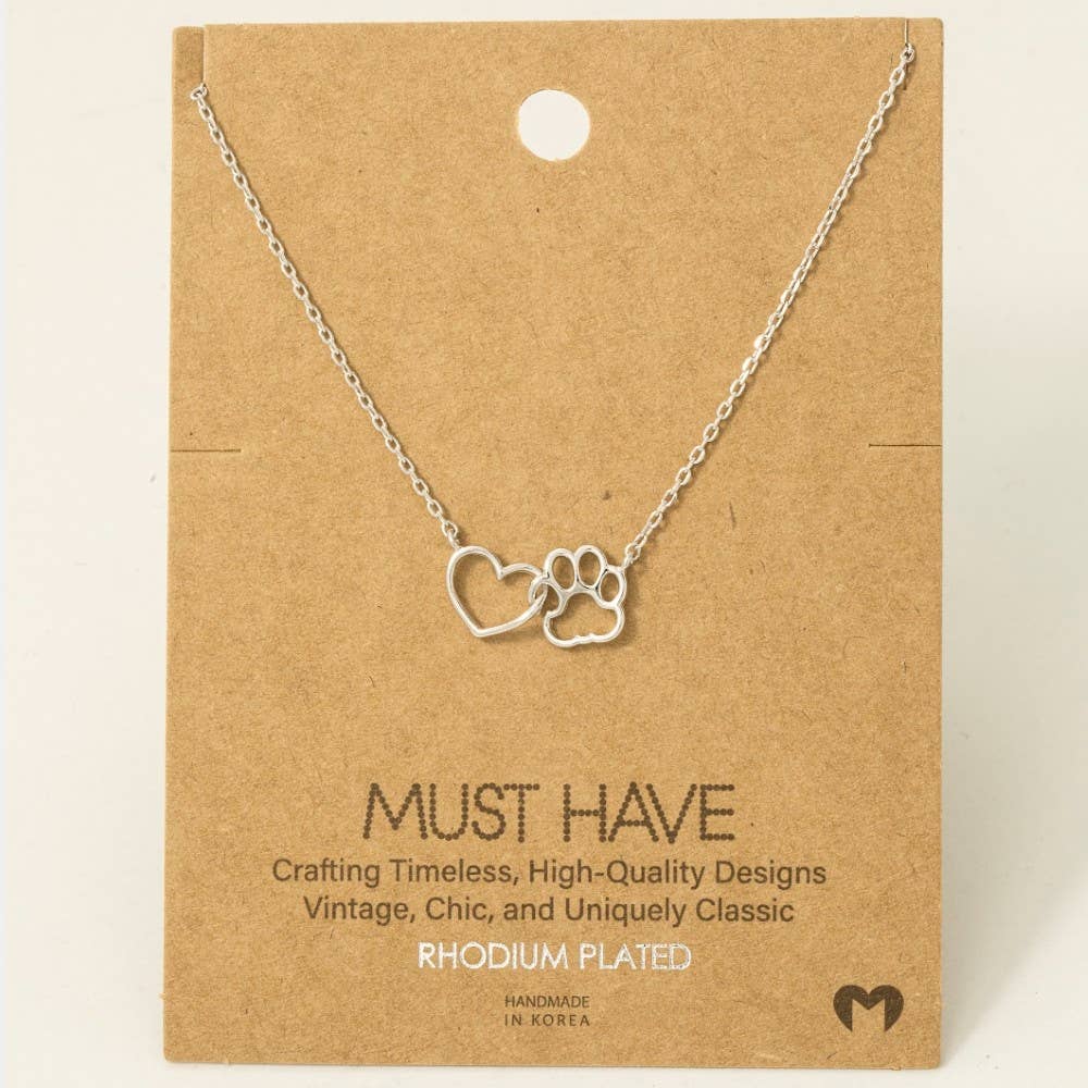 Dog Paw Heart Cutout Pendant Necklace: Rhodium Plated