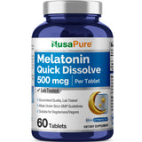 NusaPure Melatonin Quick Dissolve 500 mcg Per 60 Tablets Dietary Supplement Vegan, Non-GMO