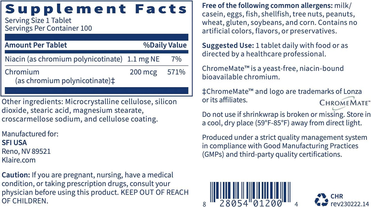 ChromeMate 200 MCG 100 Vegetarian Tablets