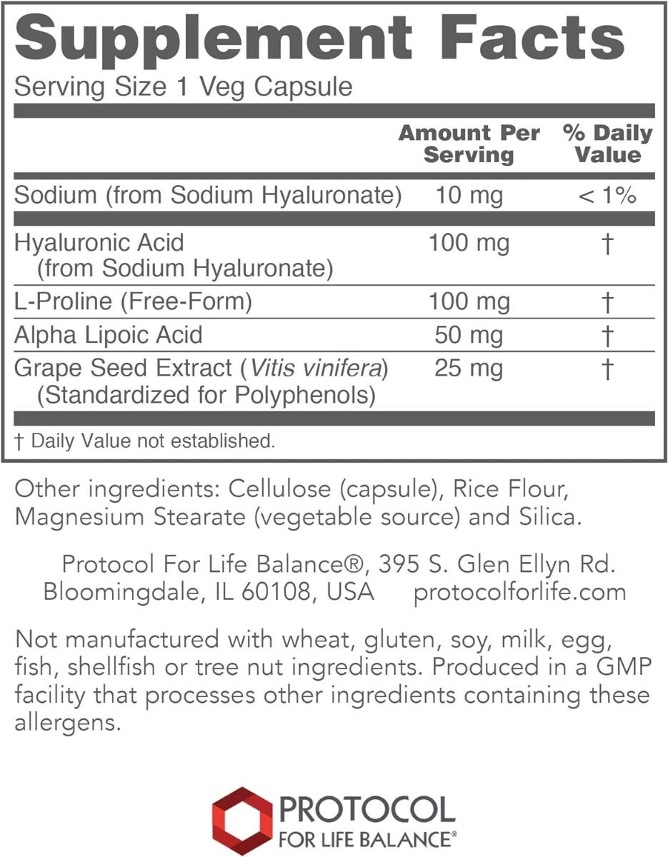 Hyaluronic Acid 100 mg with Co-factors 100 MG 60 Veggie Caps