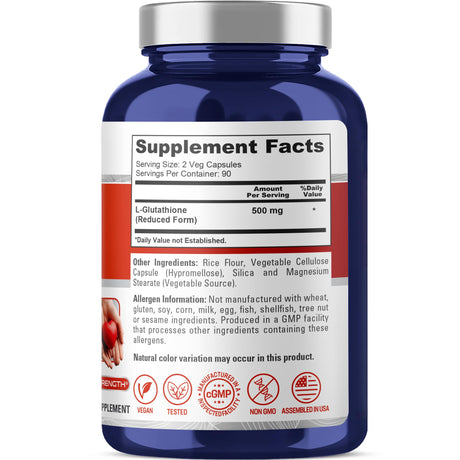 NusaPure Reduced Glutathione 500mg 180 Veggie Capsules (Vegan,Non-GMO) L-Glutathione