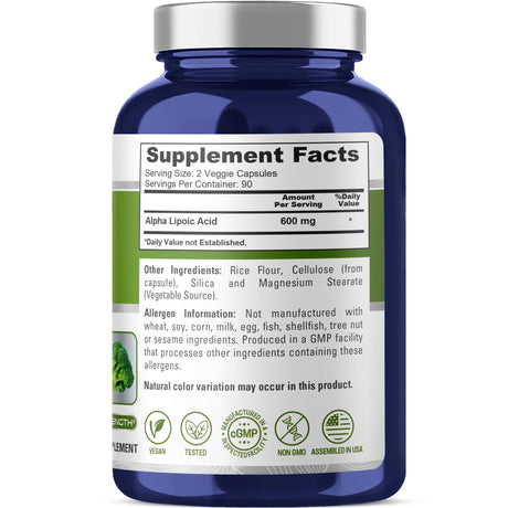 NusaPure Alpha Lipoic Acid 600 mg per Serving 180 Veggie Capsules (Vegetarian, Non-GMO, Vegan)