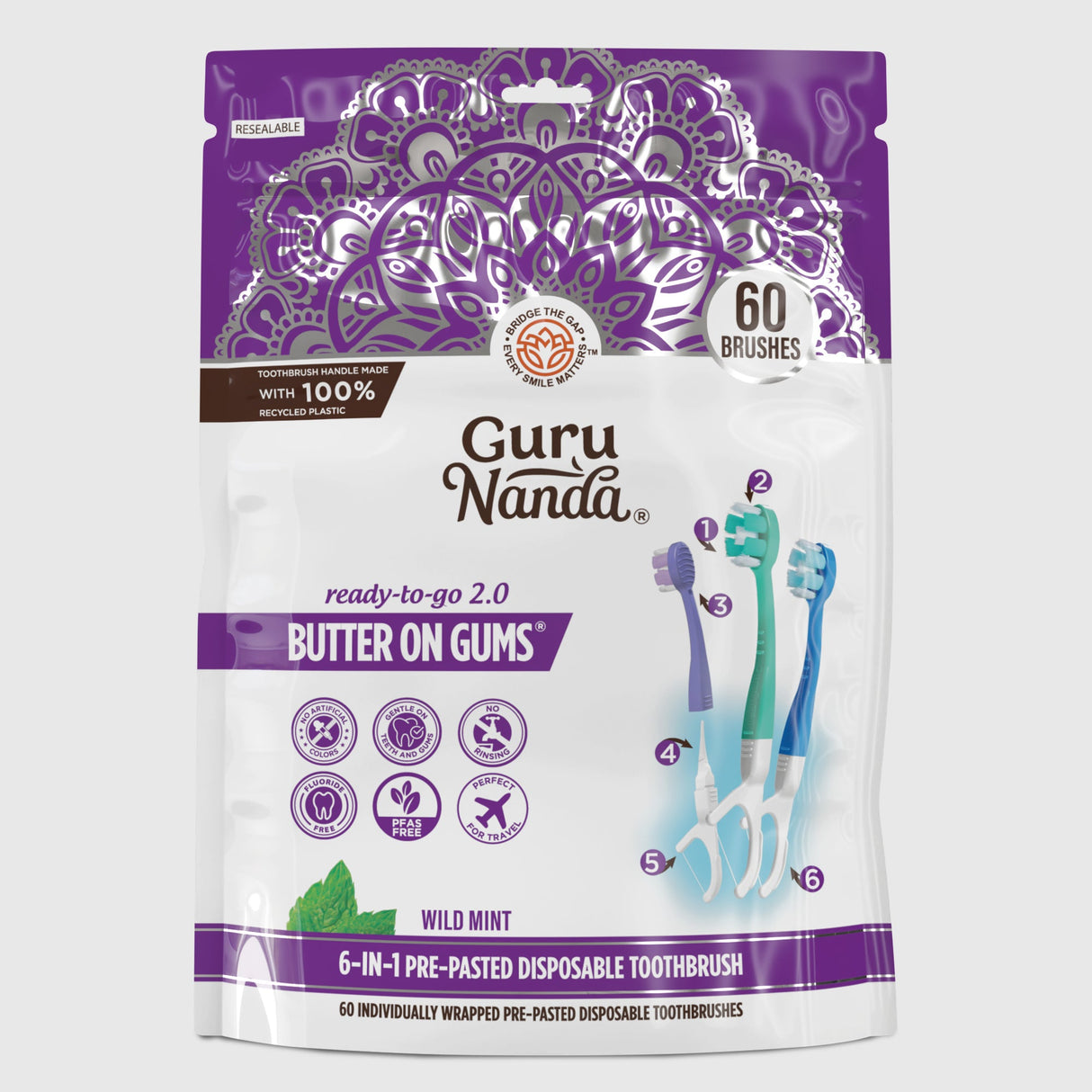 6-in-1 Ready to Go Butter on Gums Pre-Pasted Toothbrushes 2.0 – 60 Count