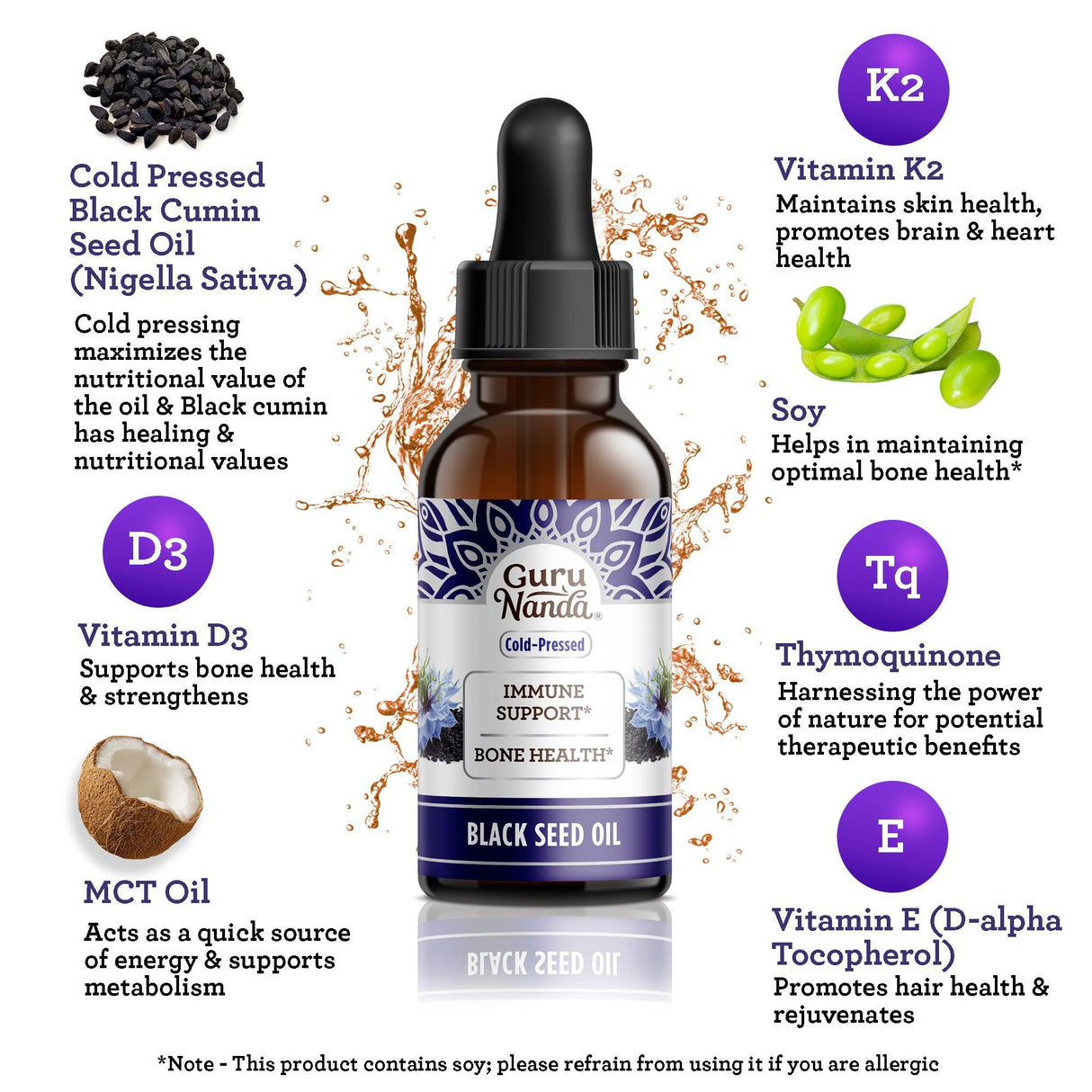 Natural Cold Pressed Black Seed Oil With Vitamin D3, K2, & E