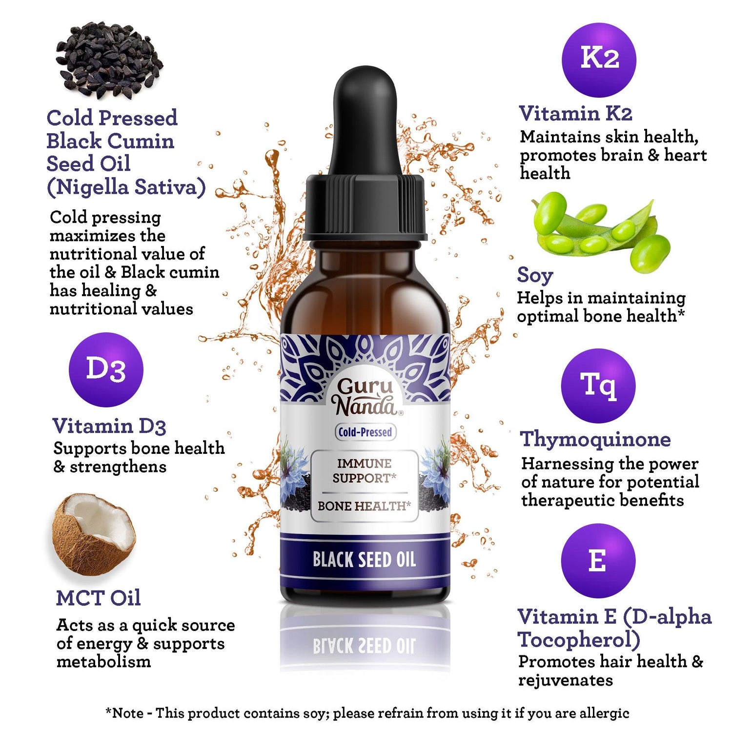 Natural Cold Pressed Black Seed Oil With Vitamin D3, K2, & E