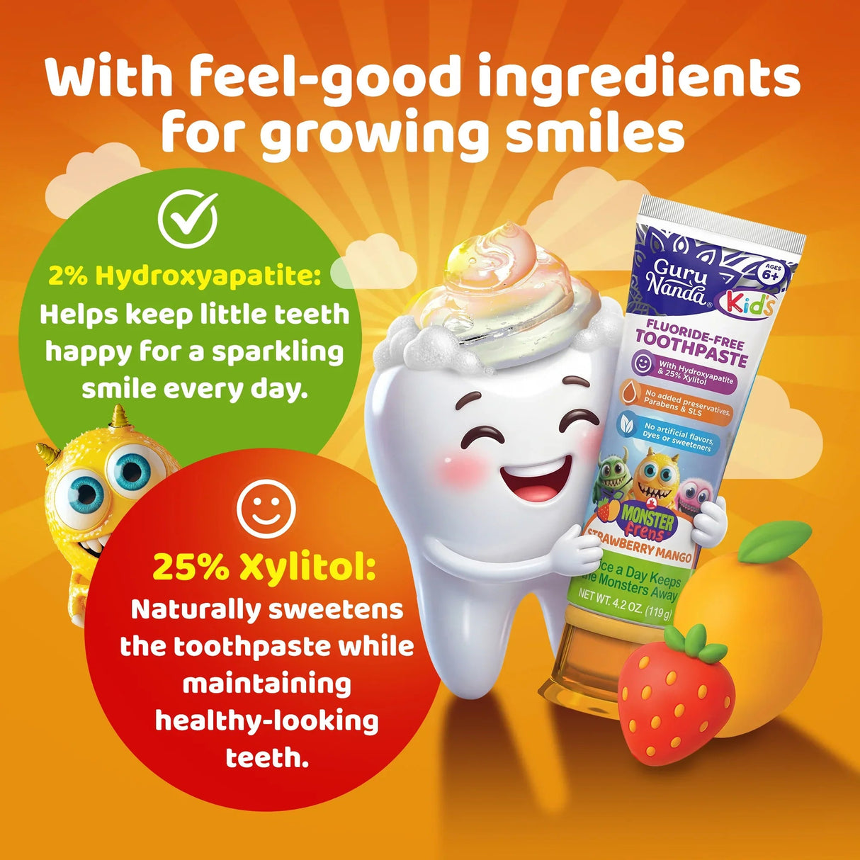 Kids Toothpaste with Xylitol & Hydroxyapatite, Strawberry Mango – 4.2 oz – 3 Pack