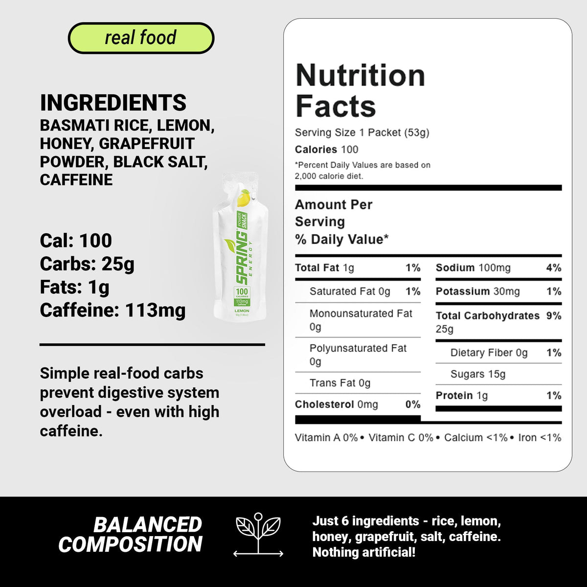 Spring Energy Lemon Power Snack with 113 mg of Caffeine 100 Kcal