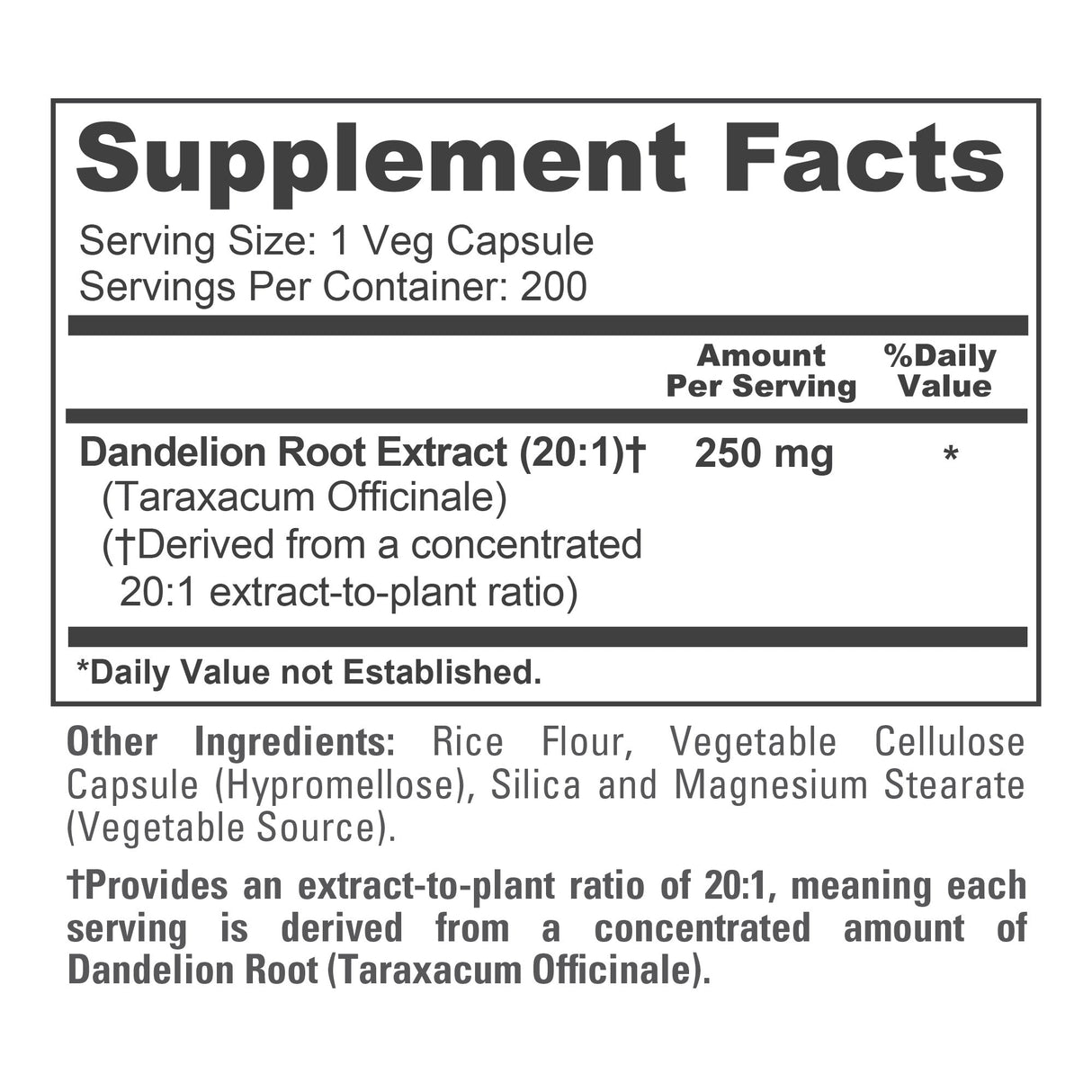 NusaPure Dandelion Root 20:1 Extract, 250 mg 200 Veg Capsules (Vegan, Non-GMO)