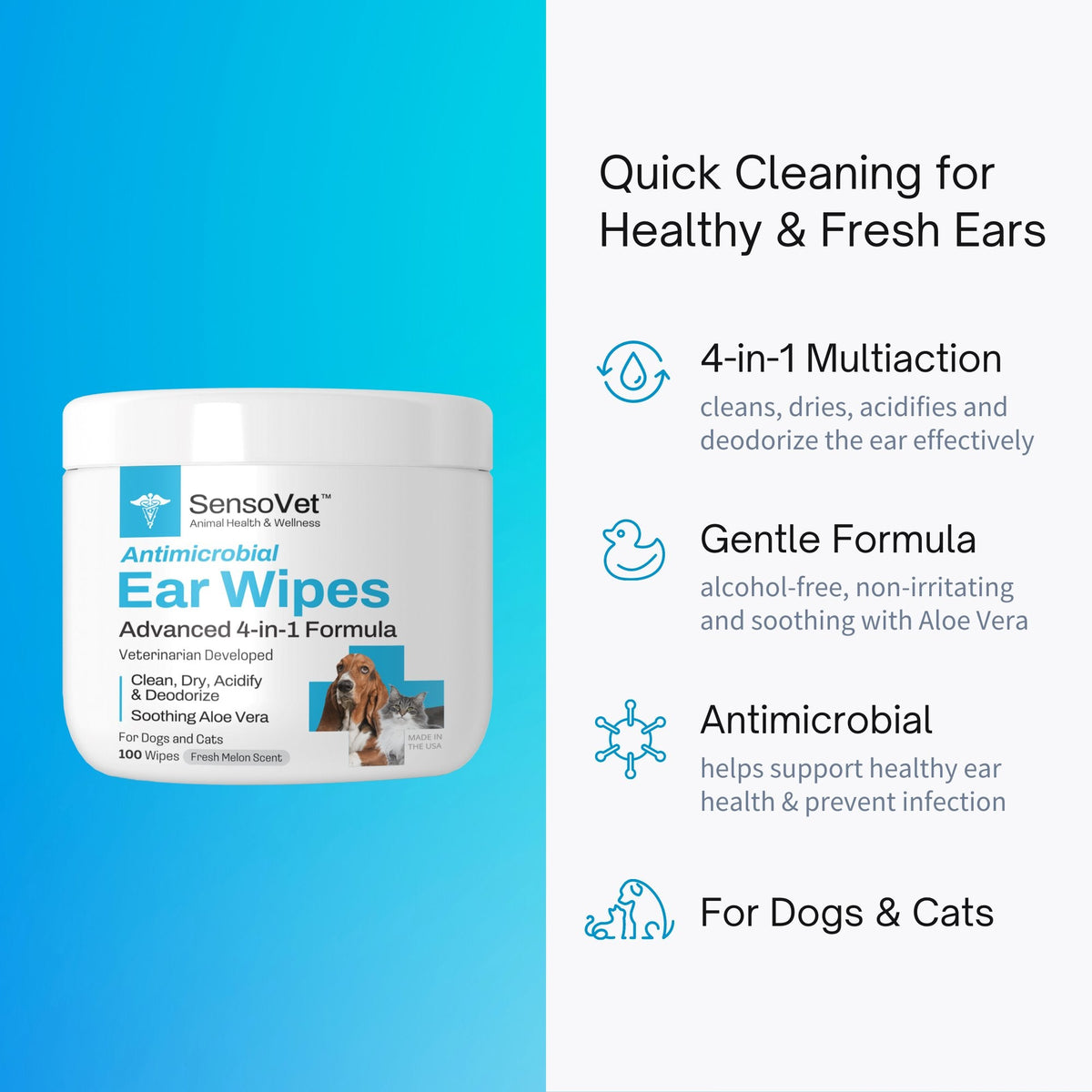SensoVet Ear Wipes for Dogs & Cats - 100 Wipes