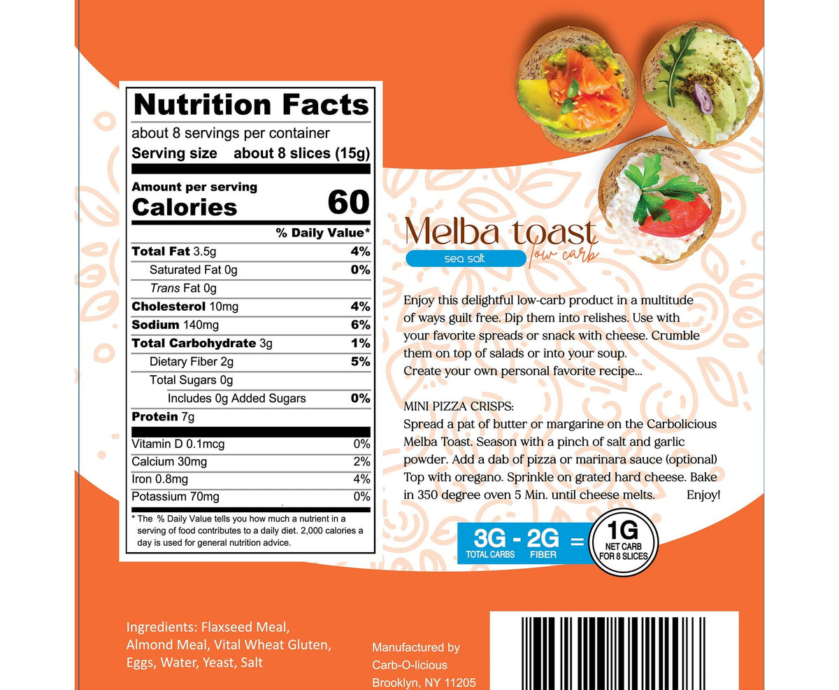Carbolicious Carbolicious Melba Toast Low-Carb Sugar Free (Sea Salt), 4oz - 1 Pack. Only 1 Carb for 8 Slices!