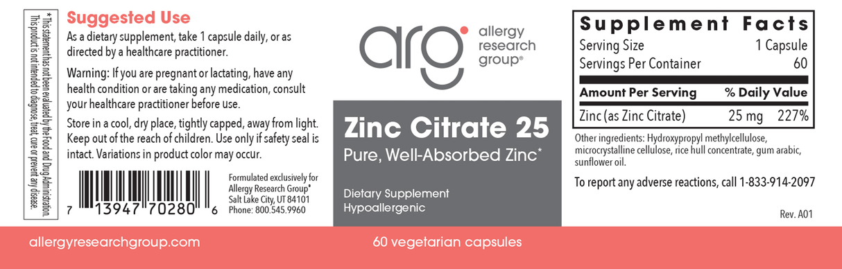 Zinc Citrate 25 MG 60 Veggie Caps