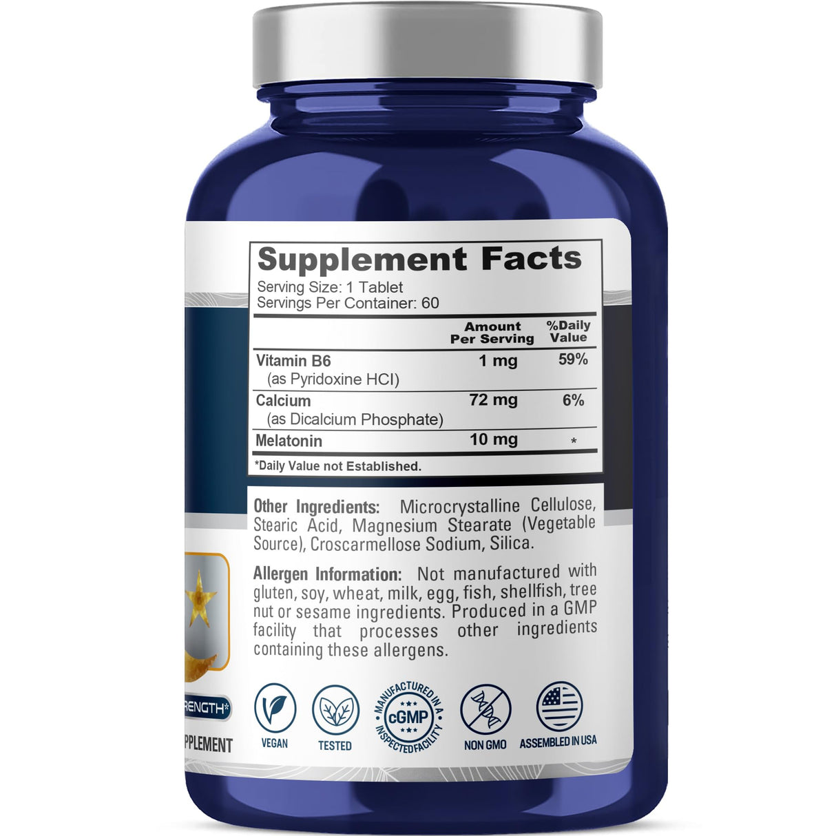NusaPure Melatonin + Vitamin B6 10 mg Per 60 Tablets Vegetarians Vegans Non-GMO Dietary Supplement