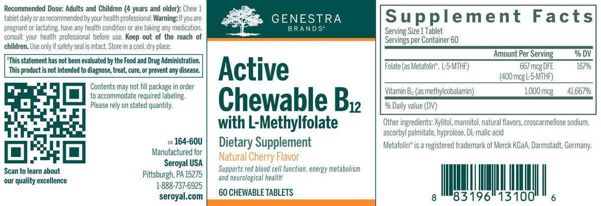 Active Chewable B12 with L-Methylfolate 60Chewable TabletsCherry