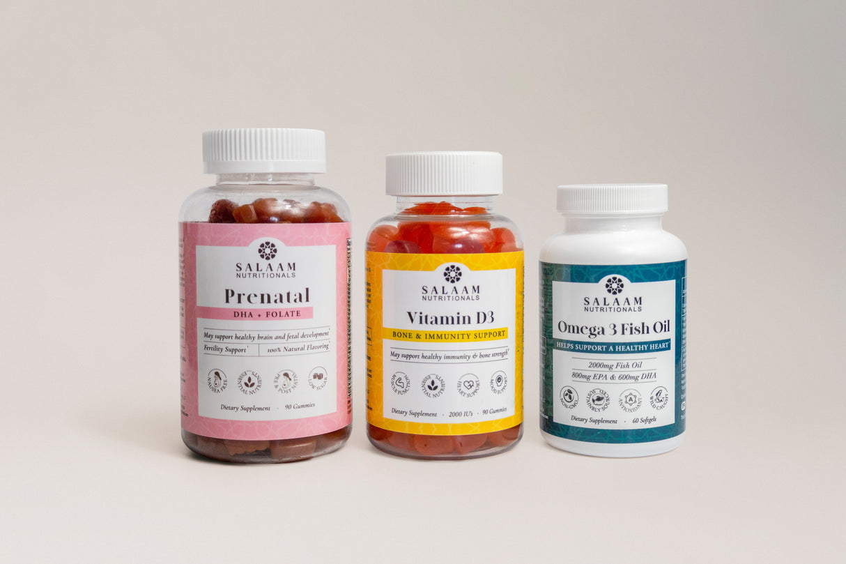 Halal Prenatal Bundle: Vitamin D3, Omega 3 Fish Oil & Prenatal Gummies (3 Bottles)